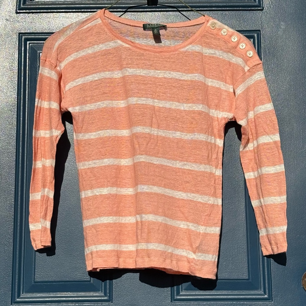 Ralph Lauren Women’s Shoulder Button Accent Coral and White Striped Blouse